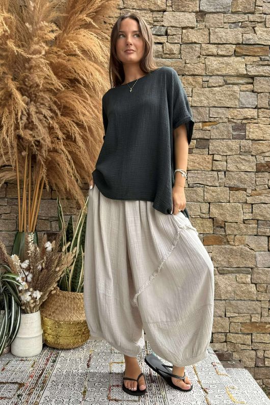 Pure Cotton Santos Keyhole Drape Back Top Charcoal